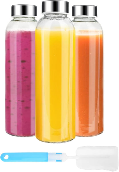 18 oz, 100% Set 3 Luxfuel Clear Glass Bottles with Lids Reusable Glass Water Bottles with Stainless Steel Cap