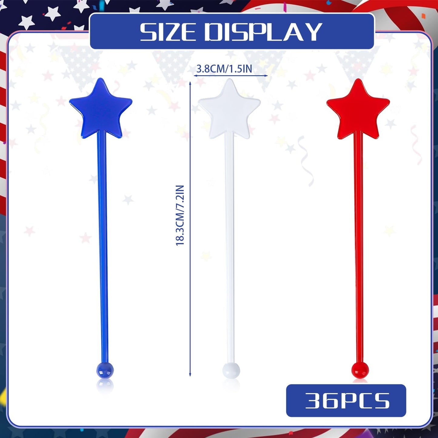 Jansun 36 Pcs 4th of July Patriotic Red White Blue Cocktail Drink Stirrers