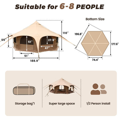 LVUYOYO Canvas Bell Tent, Glamping Yurt Waterproof Tent with Stove Jack and Storage Bag, Perfect for Family 4 Season Camping (16.4 * 9.18 FT)