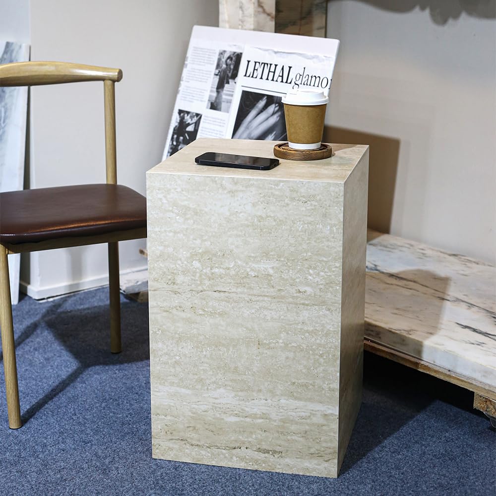 Modern Sintered Stone End Table for Living Room & Entryway, Sofa Table with Square Pedestal Base for Small Spaces, Fully Assembled & Low-Maintenance (Beige)