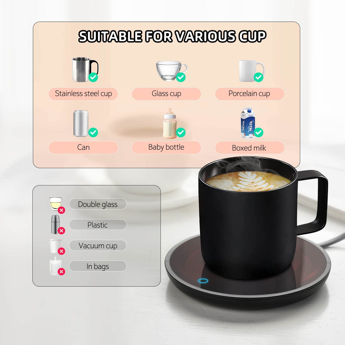 Mug Warmer, Candle Warmer Plate, 2-Temp Settings Coffee Mug Warmer, Portable Coffee Cup Warmer, Coffee Warmer for Desk Suits for Various Mugs, Automatic Shut Off, Gift for Mom