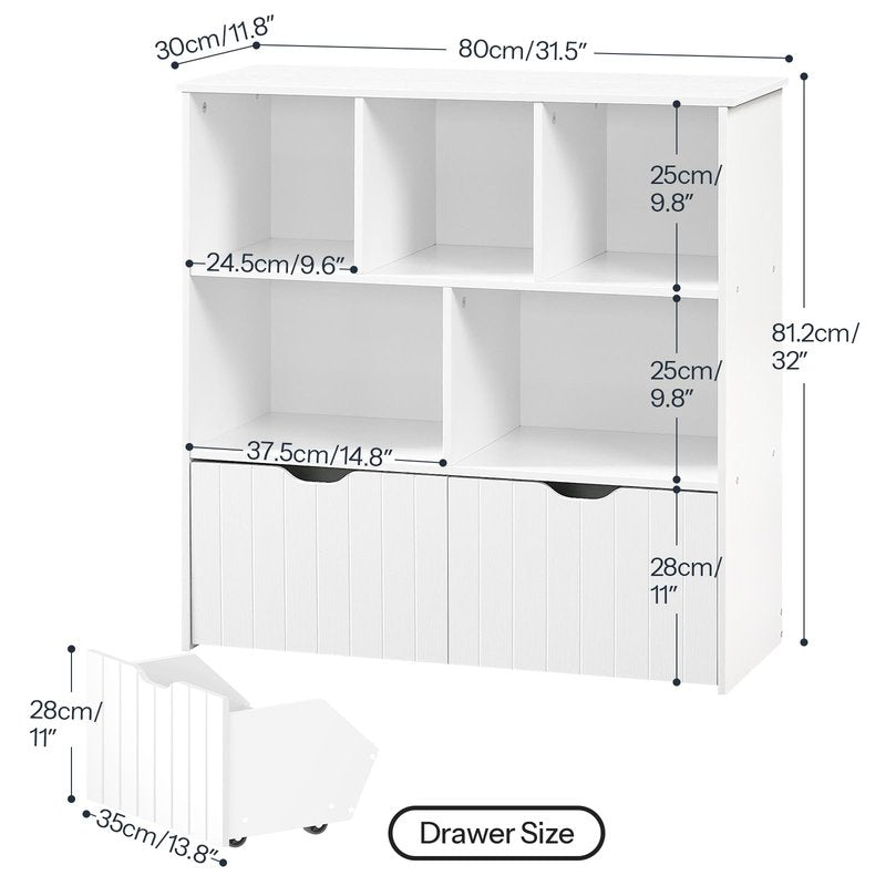 HOOBRO Toy Storage Organizer, Toy Organizers and Storage with 2 Movable Drawers and 5 Cubbies, Toy Chest Shelf for Books or Dolls, Kids Bookshelf and Toy Storage for Playroom, White WT88CW01