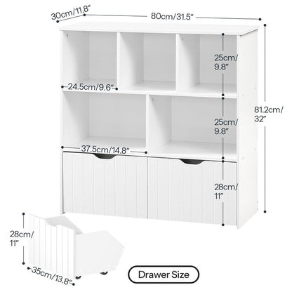 HOOBRO Toy Storage Organizer, Toy Organizers and Storage with 2 Movable Drawers and 5 Cubbies, Toy Chest Shelf for Books or Dolls, Kids Bookshelf and Toy Storage for Playroom, White WT88CW01