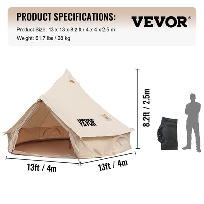 Happybuy Canvas Bell Tent, 4 Seasons Breathable 100% Cotton Canvas Yurt Tent - w/Stove Jack, 13.1ft / 4m Luxury Glamping Tent Waterproof Canvas Tents for Family Camping Outdoor Hunting Party