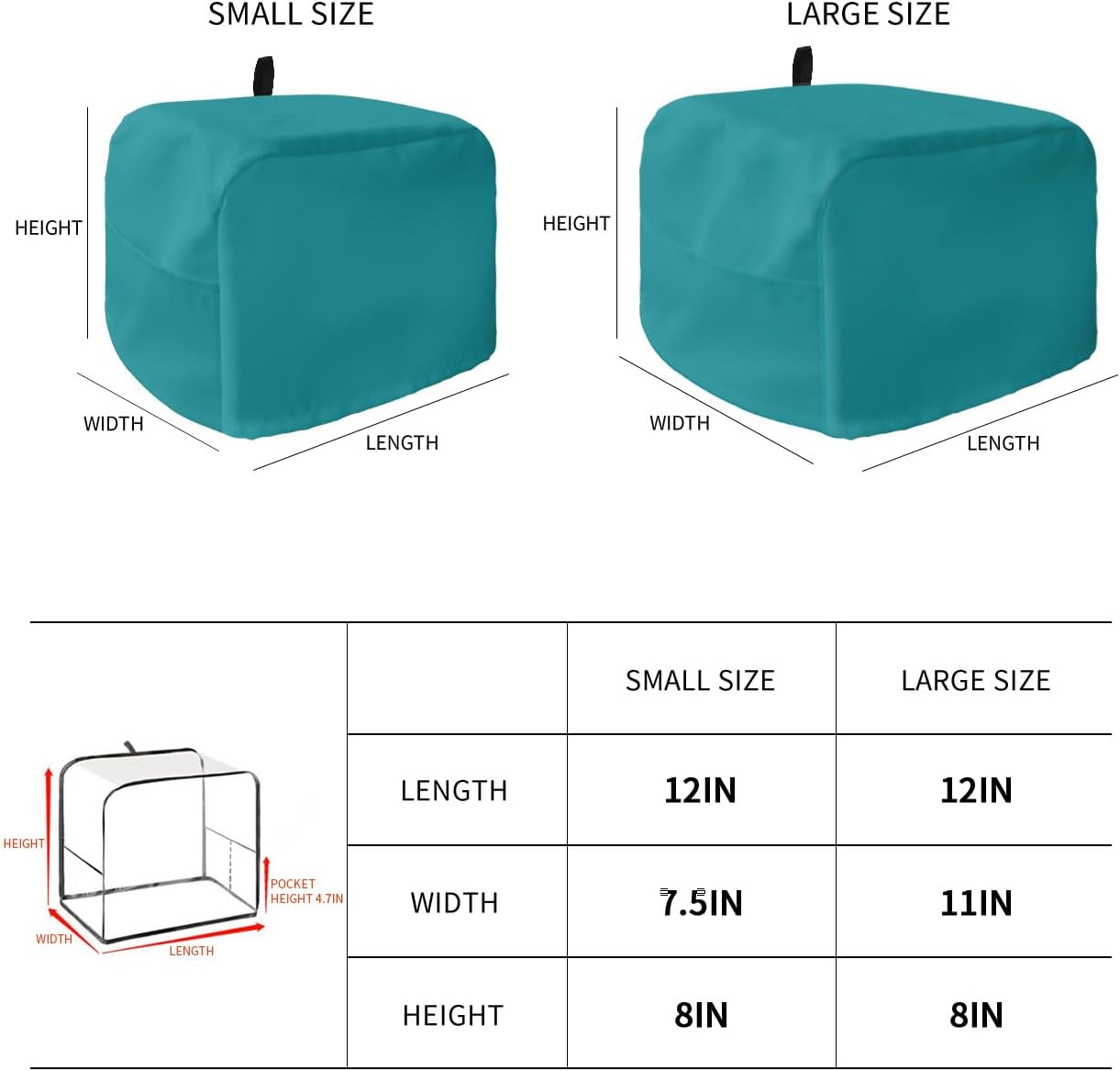 Pure Color Teal Toaster Cover, 4 Slice, Minimalist Dust-Proof Cover with Pockets for Kitchen Small Appliance 12x11x8in