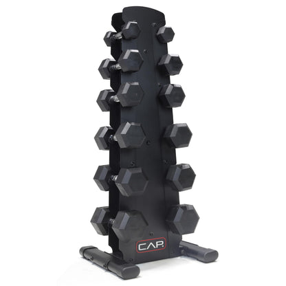 CAP 210 lb Rubber Coated Hex Dumbbell Set with Vertical Rack, Space-Saving Storage for Home Gym Strength Training, Chrome Handle, Black Rack