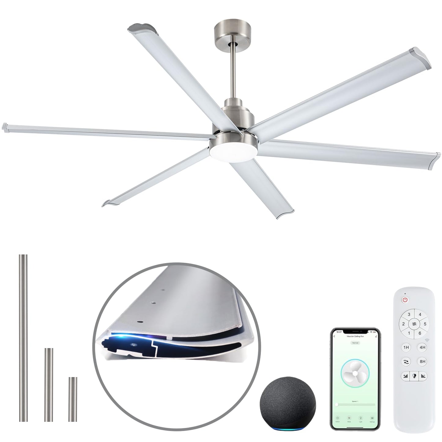 Minislak 84" Smart Industrial Ceiling Fans with Light and Remote,6 Dual-Layer Aluminum Blades,Large Brushed Nickel Ceiling Fan with 6 Speed Noiseless DC Motor,Indoor/Outdoor Ceiling Fan for patio