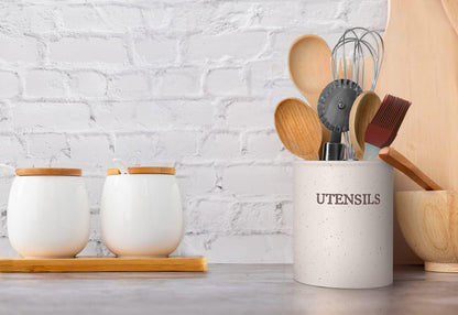 KooK Large Utensil Crock, Ceramic Holder for Kitchen Counter, Heavy & Stable Caddy, Farmhouse Decor, Cream, 6”