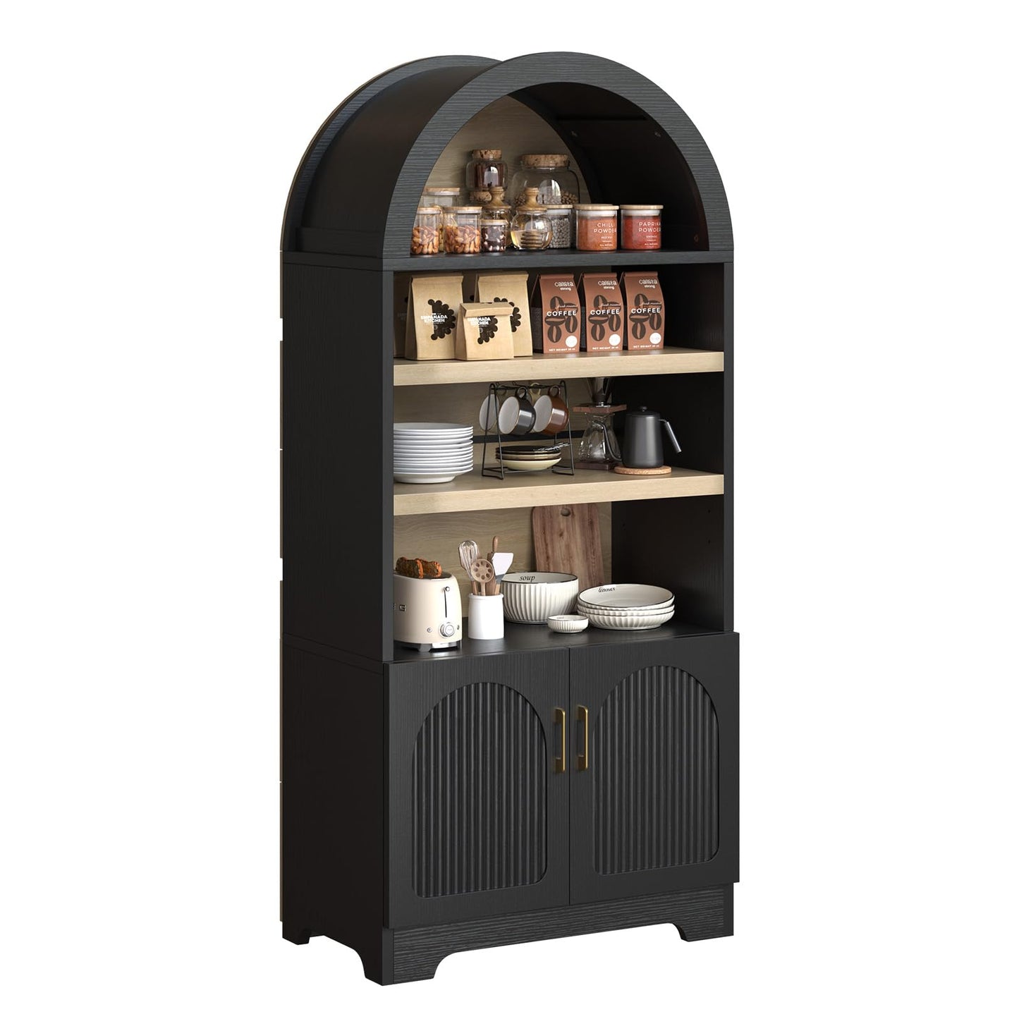 Bestier 71" Tall Arched Kitchen Pantry, Arched Cabinet with Doors, Modern Farmhouse Wood Kitchen Storage Cabinets with 3-Tier Adjustable Shelves for Living Room, Dining Room, Ktichen, Black