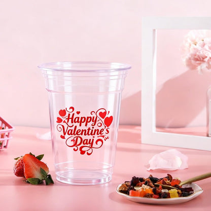 Gistome 50 Pcs 12 oz Valentine’s Day Plastic Cups, “Happy Valentine’s Day” and Heart Pattern Printed Disposable Cups, Red Love Design Cups for Beverages, Parties, Weddings, and Romantic Celebrations