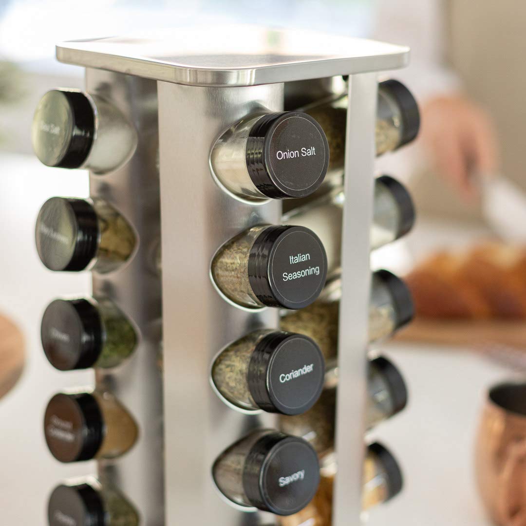 Orii 20 Jar Rotating Spice Rack with Spices Included & 5-Year Free Spice Refill Program – Stainless Steel Countertop Spice Rack with 3 oz Glass Jars