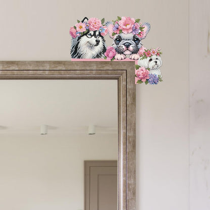 C'eitura Dog with Pink Flower Collar Diamond Painting on Wood, 5D DIY Custom Door Topper for Home Entryway Decor, Cute Animal Wall Art