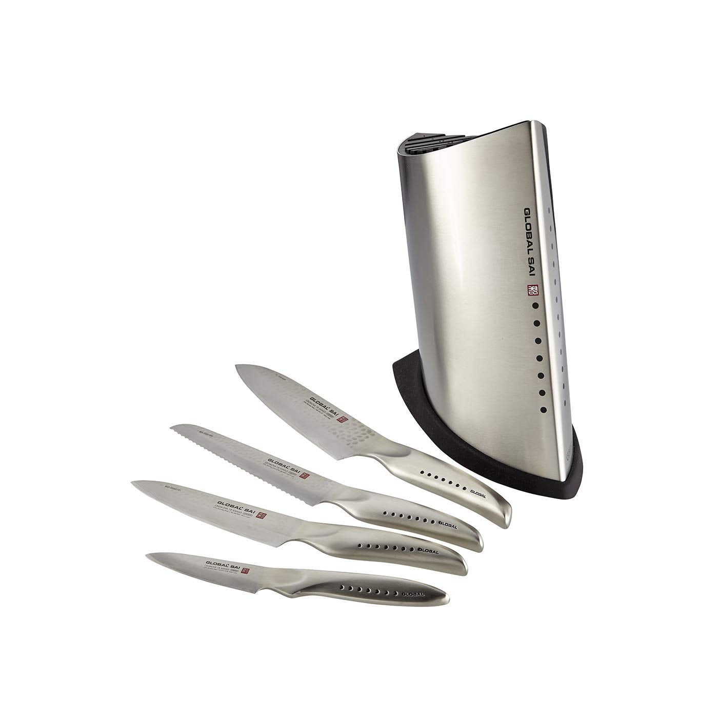 Global SAI 5 Piece Knife Block Set - Lightweight Japanese Stainless Steel, Razor Sharp Edge, Hand Hammered Blade, Thumb Rest, Made in Japan, SAI-5001