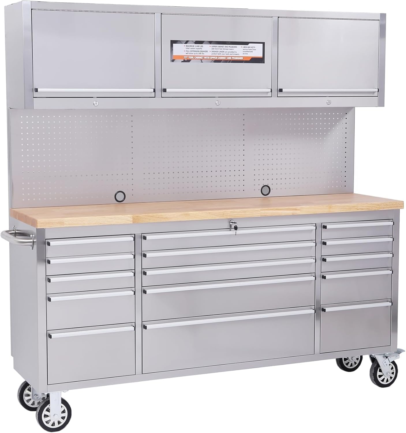 72 Inch Rolling Tool Cabinet, Heavy-Duty Garage Workbench with 15 Drawers & 3 Cabinets, Steel Frame Workshop Table for Mechanics, Garage Organization, Large Tool Bench Storage with Pegboard, Silver