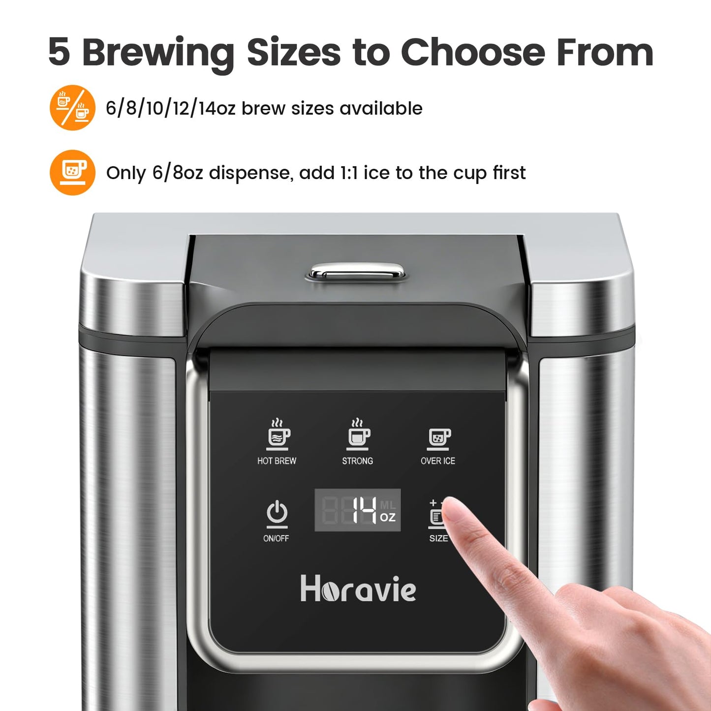 Single Serve Coffee Maker for K-Cup Pod and Grounds, Hot and Iced Coffee Maker, Stainless Steel Coffee Maker, Strong Button Feature, 6 to 14oz Brew Sizes, 50oz Removable Tank, Up to 6.5 Inch Cup, Grey