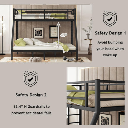Bellemave Twin XL Over Queen Bunk Bed for Adults, Twin XL Over Queen Bunk Beds Frame with 2 Ladder and Full Length Guardrail, Easy Assemble, Mattress Not Included, Black