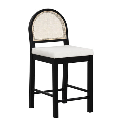 Nathan James Bailey Boucle Upholstered Rattan Bar Stool, Counter Height Stool with Natural Rattan Woven Back For Kitchen Island, White/Black Oak, Set of 4