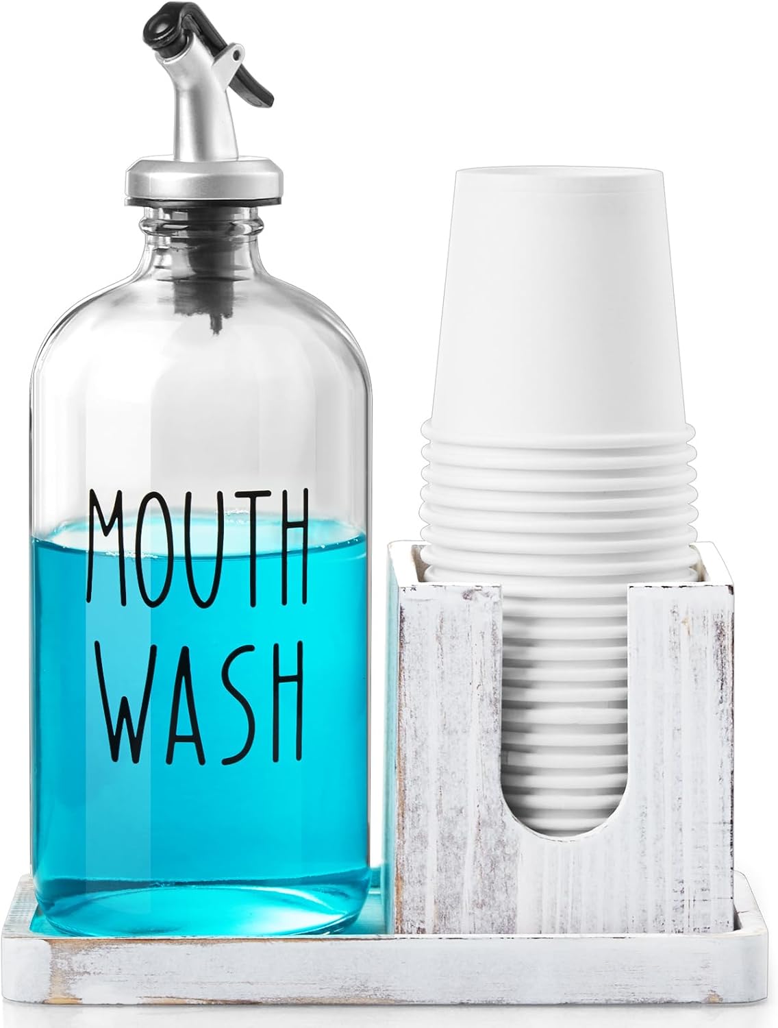 16 OZ Glass Mouthwash Dispenser for Bathroom, Mouthwash Dispenser with Pour Spout and White Washed Wood Cup Holder