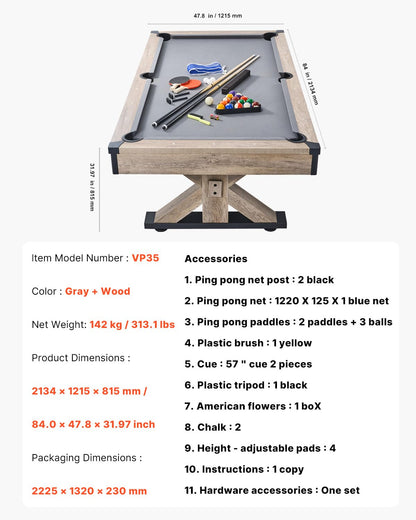 VEVOR 7ft Billiards Table Combo Set, 3-in-1 Multi Game Table with Dining, Pool, and Tennis Table, for Family Game Room Adults, Includes Full Set of Accessories, Wood Color with Grey Cloth