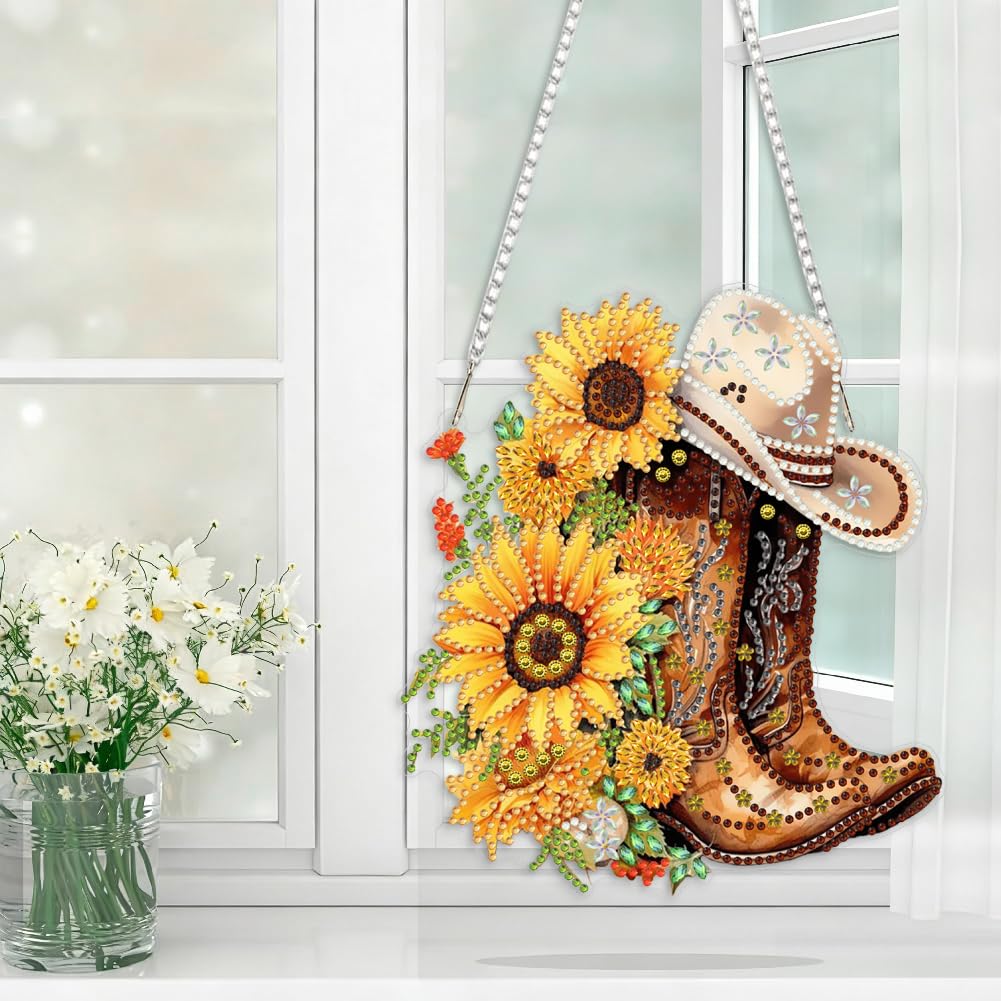 LPDJITO Boots Diamond Art Hanging Kits Adults, Acrylic Diamonds Painting Pendant Board Kits Sunflower, Diamond Art Painting Window Pendants Home Garden Wall Hanging Kits Hanging
