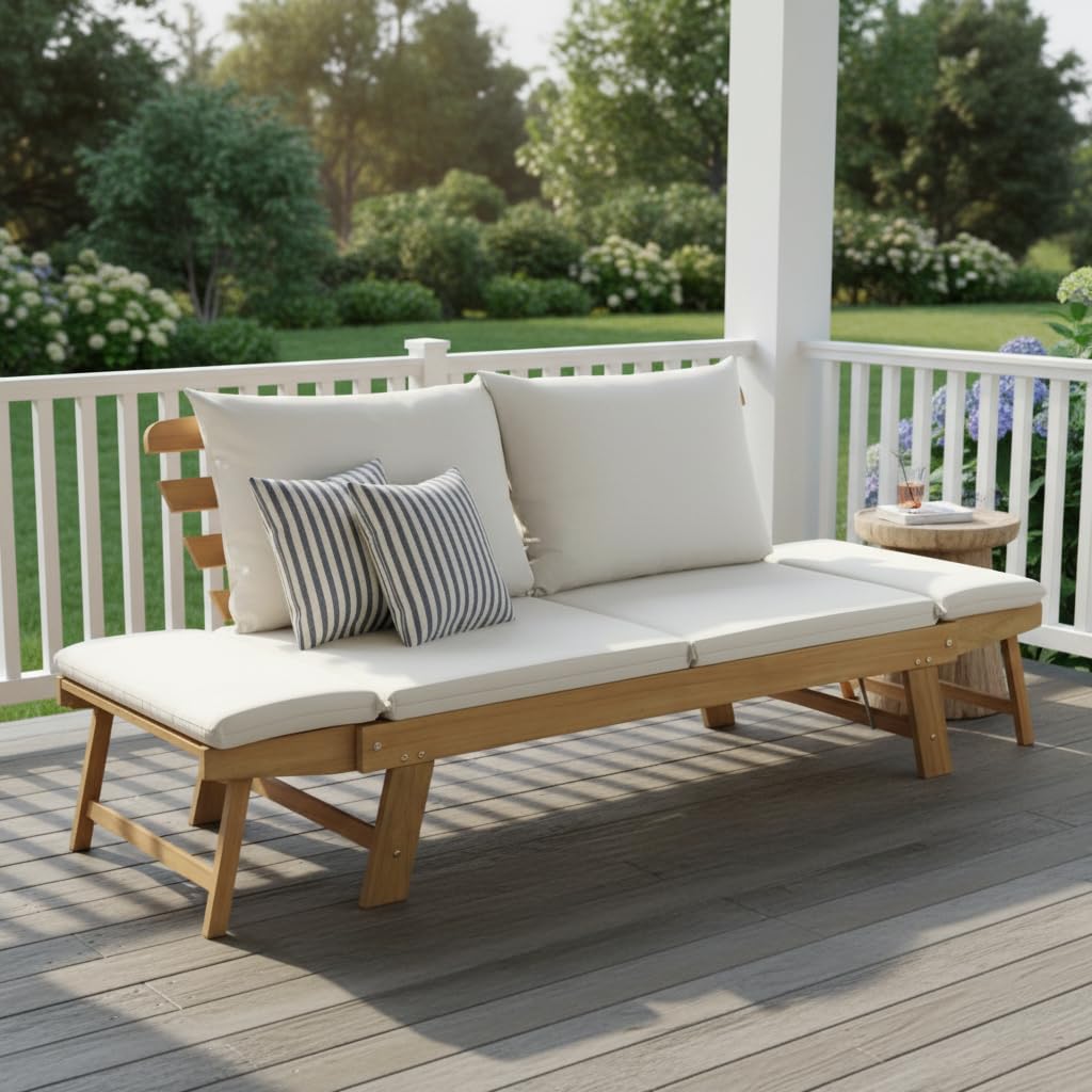 Tangkula Convertible Acacia Wood Patio Couch Sofa Bed with Adjustable Armrest, Outdoor Daybed with Cushion & Pillows, Outside Folding Futon Sofa Couch Bench for Porch, Courtyard, Poolside & Garden
