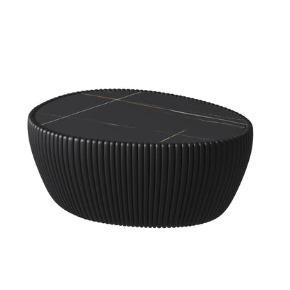 KEIKI 32.1" Goose Eggs Shape Coffee Table, Modern Sofa Side Table with Marble Top & Leather Wrap, Small End Table for Living Room, Bedroom, Office, Black