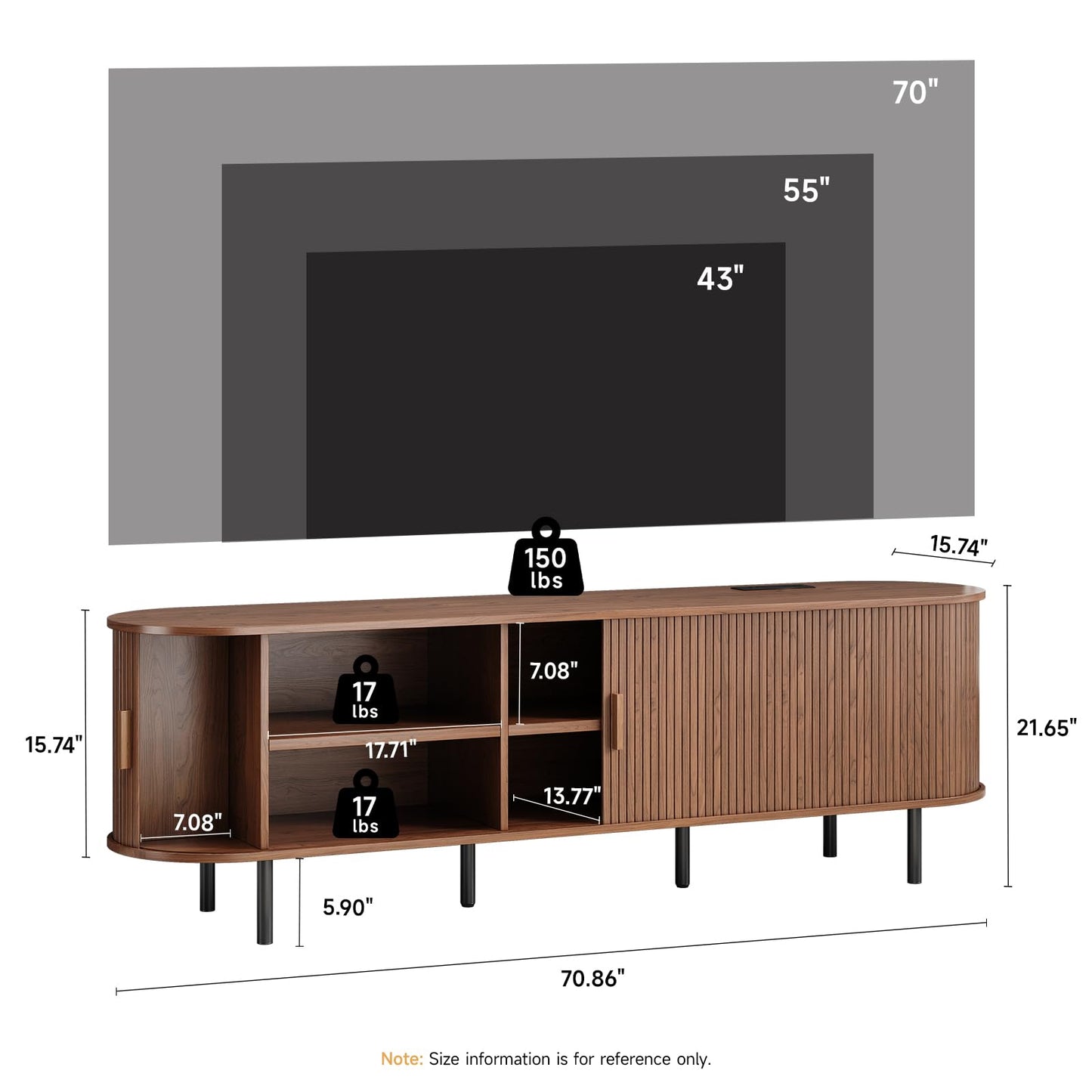 70.8" TV Stand with Power Outlet, Mid-Century Modern Television Stand, Fluted Media Console with Sliding Doors, Entertainment Center for TVs up to 60 Inch, Adjustable Shelves, Walnut