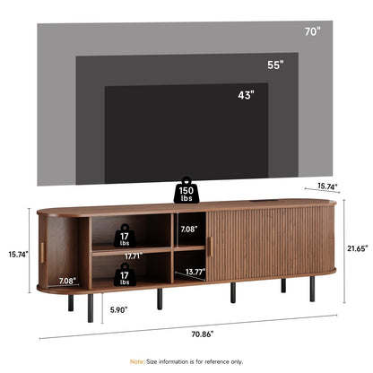 70.8" TV Stand with Power Outlet, Mid-Century Modern Television Stand, Fluted Media Console with Sliding Doors, Entertainment Center for TVs up to 60 Inch, Adjustable Shelves, Walnut