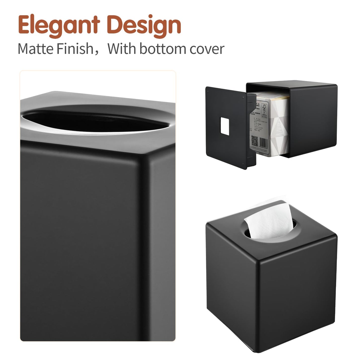 Y-in Hand Tissue Box Cover, Square Facial Tissue Holder Storage for Bathroom Vanity, Countertops, Dressers, Night Stand, Parlors and Offices - Black