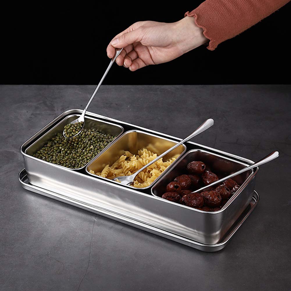 Hapivida Stainless Steel Seasoning Box, 3 Compartment Dispenser Container with Lid Food Serving Display Container Serving Tray Large Capacity Kitchen Condiment Storage Silver