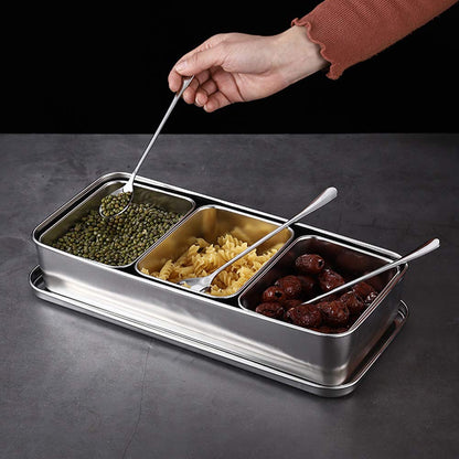 Hapivida Stainless Steel Seasoning Box, 3 Compartment Dispenser Container with Lid Food Serving Display Container Serving Tray Large Capacity Kitchen Condiment Storage Silver