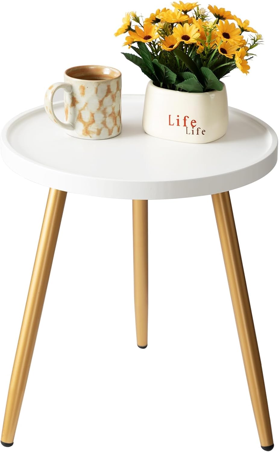 14.96" 14.96" 17.52" danpinera Small Round Side Table, Mini White Table with Wooden Tray & Metal Legged, Gold Side