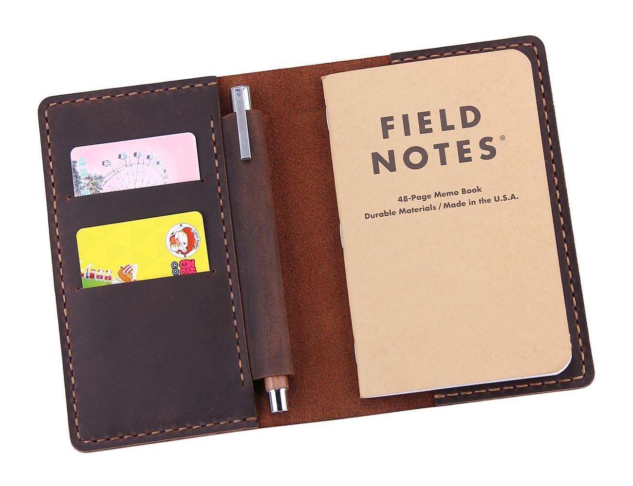 Leather Notebook Cover for Field Notes, Handmade Journal Cover for Moleskine Cahier Journal, Leather Cover with Pen Holder fits 3.5" x 5.5" Pocket Notebook - Coffee