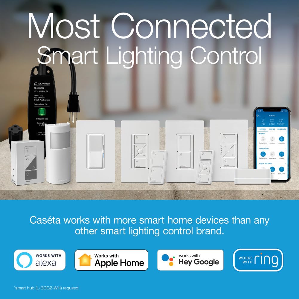 Lutron Caseta Plug-In Smart Lamp Dimmer Switch (Lutron Hub Required), Smart Light Switch Dimmer for Floor & Table Lamps, LED Lights, White (PD-3PCL-WH)