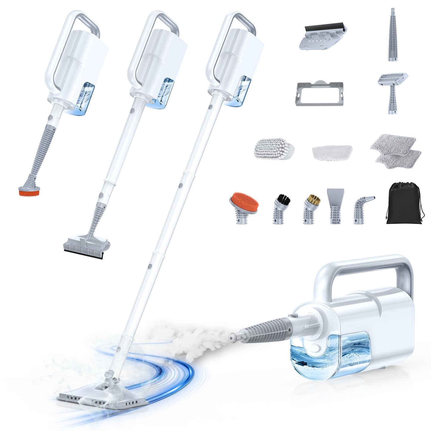 10-in-1 Steam Mop with Detachable Handheld Steamer, 350ml Tank, 10s Heat-Up, 248°F Steam Cleaner, 3-Level Control and Swivel Head for Floors, Carpets, Tiles, BBQ grill Multi-Surface Clean White
