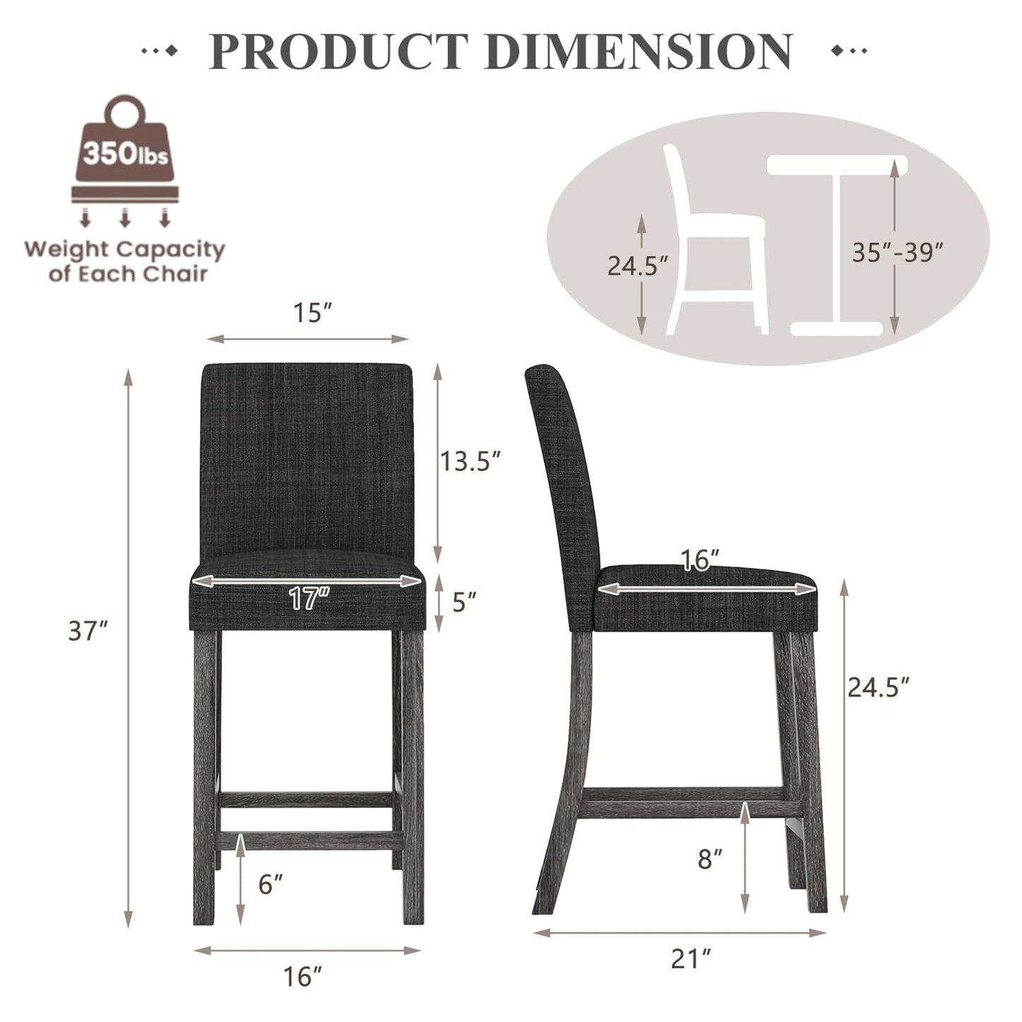 ERGOMASTER Counter Height Bar Stools Set of 6, 24.5'' Fabric Upholstered Barstools Mid Century Modern Island Bar Chairs with Back for Kitchen, Dining Room, Bar, Restaurant, Charcoal Grey