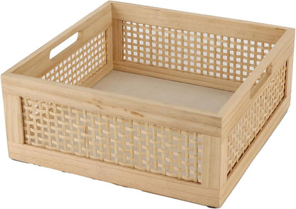 YRMT Wood Storage Crate Basket - Rustic Wooden Container for Organizing, Decorative Bamboo Box with Handles 11.4" x