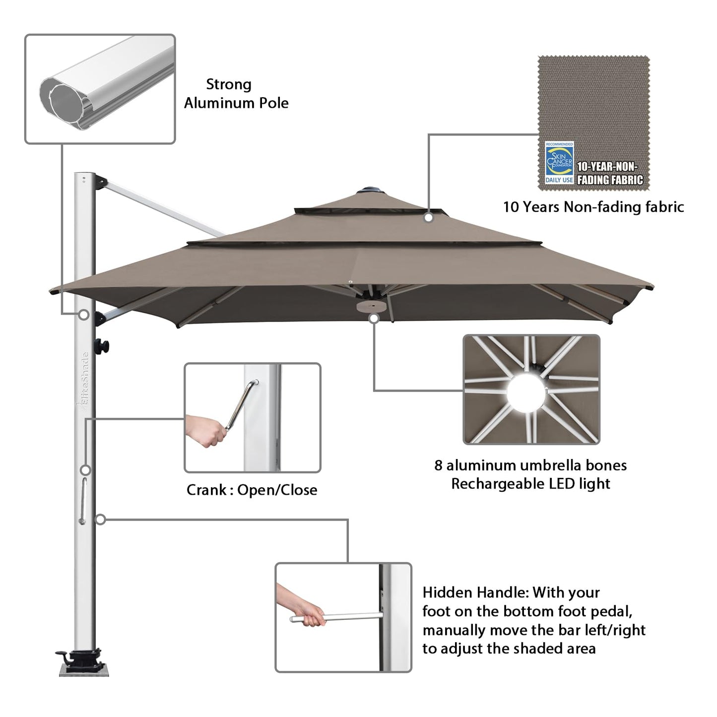 EliteShade USA APOLLO 3-Tier 10x10FT Full Aluminum Cantilever Patio Umbrella for Outdoor restaurant Garden Courtyard Deck Pool and Marketing with Light,Taupe