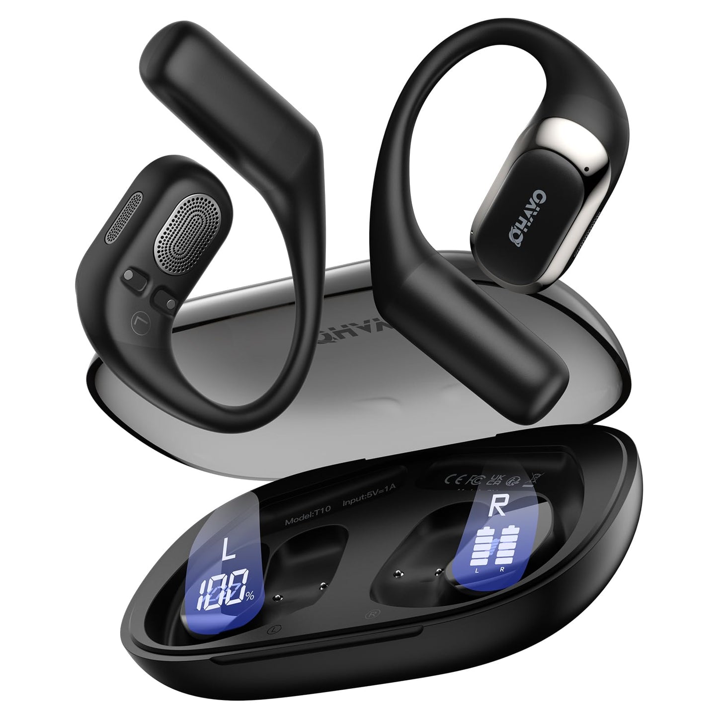 Open Ear Headphones,Over Ear Earbuds with Ergonomic Earhook,Bluetooth Headphones 5.4 with Smart Digital Display,40H Playtime,IPX6 Waterproof,Touch Control Operate Fit Cycling,Running,Workout(Black)