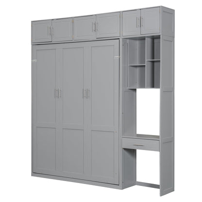 Merax Queen Size Wall Murphy Bed with Desk, Top Cabinet and Storage Shelves, Space Saving Foldable Bed, Wooden Bed Frame
