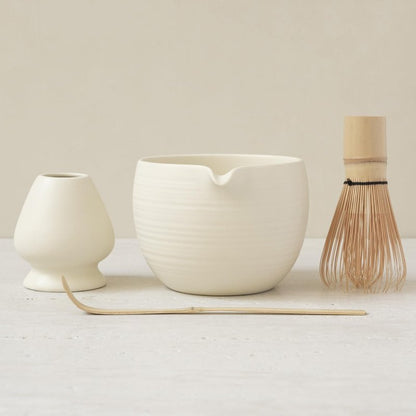 Matcha Whisk Set, Ceramic Matcha Bowl & Whisk Holder, Bamboo Accessory, Modern Design (Matte Crème, Pouring Spout) (Matte Crème)
