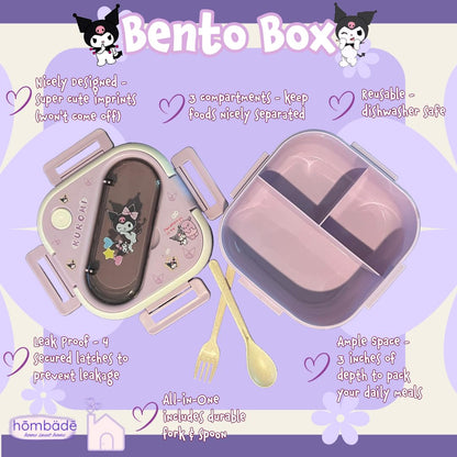 hombäde Bento Lunch Box Container Set with 3 Compartments Portable Personal Sealed Plastic Utensils Food Container Cute Kawaii Anime Kitty Bunny Dog (Purpleromi)