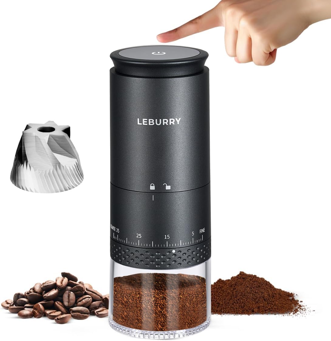 LEBURRY Burr Coffee Grinder - Portable Espresso Grinder with Stainless Steel Conical Mill for Travel, Camping - Cordless/Rechargeable Electric Coffee Bean Grinders with 38 Adjustable Grind Settings