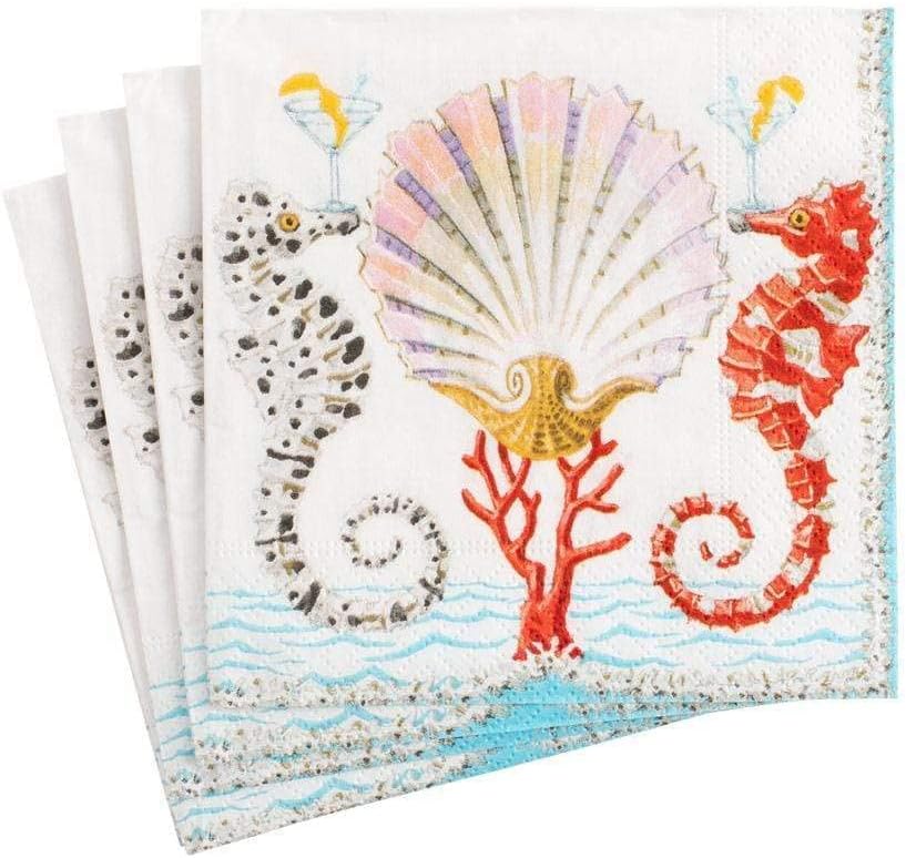 Caspari Seahorses and Shell Paper Cocktail Napkins - Four Packs of 20
