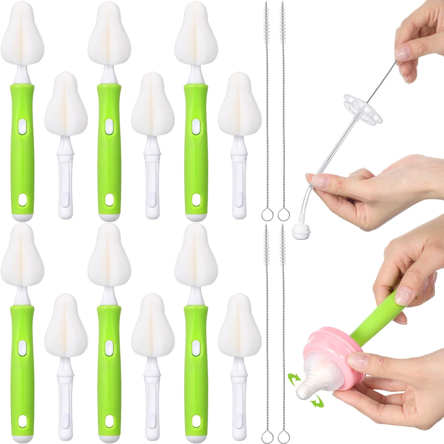 Willinglong 22 Pcs Sponge Bottle Nipple Brushes Set Including 12 Pcs Bottle Sponge Brush Heads 6 Interchangeable Nipple Brush Handles and 4 Long Straw Brushes for Baby Bottles