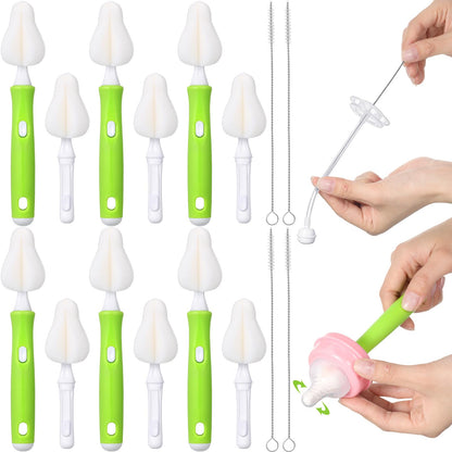 Willinglong 22 Pcs Sponge Bottle Nipple Brushes Set Including 12 Pcs Bottle Sponge Brush Heads 6 Interchangeable Nipple Brush Handles and 4 Long Straw Brushes for Baby Bottles
