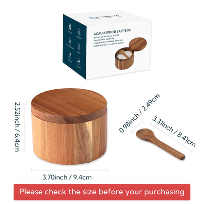 KITCHENDAO Acacia Wood Salt Cellar Bowl Box with Built-in Spoon to avoid Dust, Elegant Kitchen Salt Container Holder with Swivel Magnetic Lid to Storage Pepper Spice Bath Salt Sea Salt, 6OZ