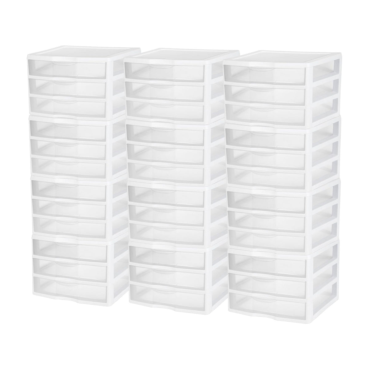 Sterilite 12-Pack Wide 3 Drawer Unit, Plastic Desktop Organizer with Clear Drawers, White Frame - Stackable Multi-Purpose Storage for Office Supplies, Craft Rooms, Classrooms and Home Organization