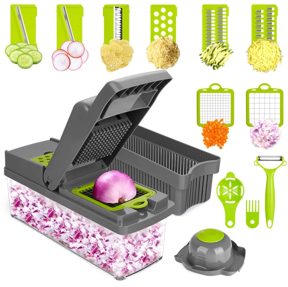 VerdeVida Vegetable Chopper, Food Chopper & Spiralizer, 15-in-1, 8 Stainless Steel Blades, Black