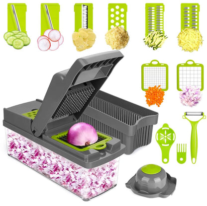 VerdeVida Vegetable Chopper, Food Chopper & Spiralizer, 15-in-1, 8 Stainless Steel Blades, Black